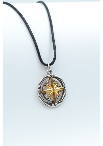 Pusula Gümüş Kaplama Deri İp Kolye
