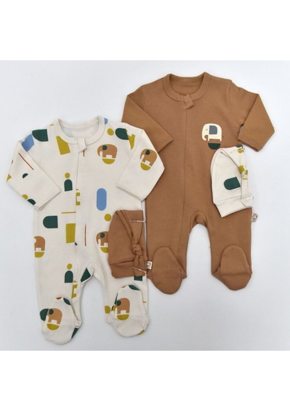 4776MS Bebek Fil Baskılı Şapkalı 2'li Tulum