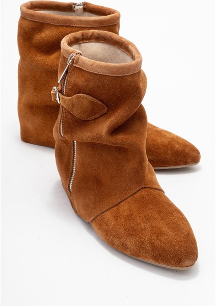 Noar Taba Süet Hakiki Deri Büzgülü Fermuarlı Kadın Bot