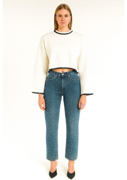 Tığ Işlemeli Kadın Crop Kazak