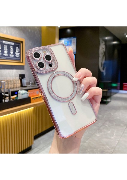 Apple iPhone 15 Pro Max Uyumlu Taşlı Magsafe Şarj Özellikli Kamera Korumalı Simli Kılıf