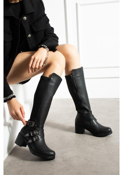 Sorux Kadın Çizme Kalın Topuku Yandan Üç Tokalı Fermuarlı Arka Streçli Siyah Deri