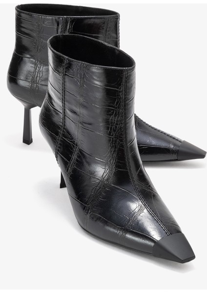 Rassel Siyah Baskı Mat Burunlu Kadın Ince Topuklu Bot