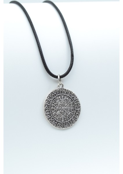 Vegvisir Viking Pusulası Gümüş Kaplama Deri İp Kolye