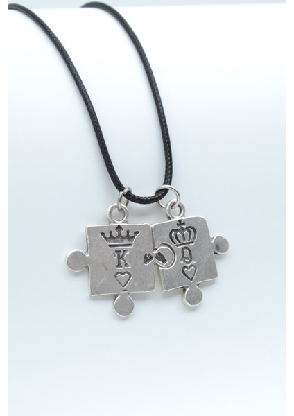 Puzzle - Queen - King - Sevgili Gümüş Kaplama Deri İp Kolye