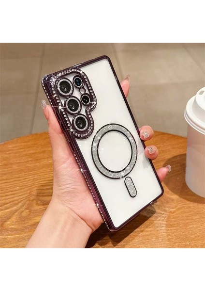 Samsung Galaxy S25 Ultra Uyumlu Taşlı Magsafe Şarj Özellikli Kamera Korumalı Simli Kılıf