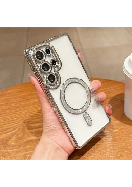 Samsung Galaxy S25 Ultra Uyumlu Taşlı Magsafe Şarj Özellikli Kamera Korumalı Simli Kılıf