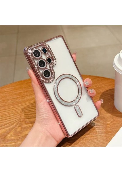 Samsung Galaxy S25 Ultra Uyumlu Taşlı Magsafe Şarj Özellikli Kamera Korumalı Simli Kılıf