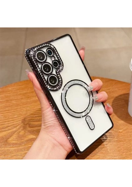 Samsung Galaxy S25 Ultra Uyumlu Taşlı Magsafe Şarj Özellikli Kamera Korumalı Simli Kılıf