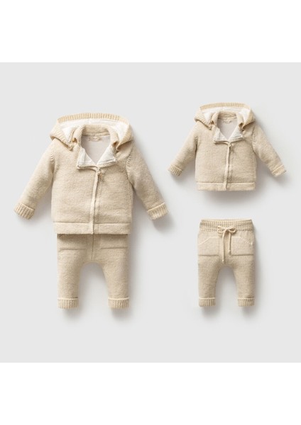 8349N Erkek Bebek Triko Fermuarlı Hırkalı 2'li Naturel Yün Takım