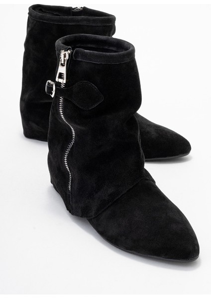 Noar Siyah Süet Hakiki Deri Büzgülü Fermuarlı Kadın Bot