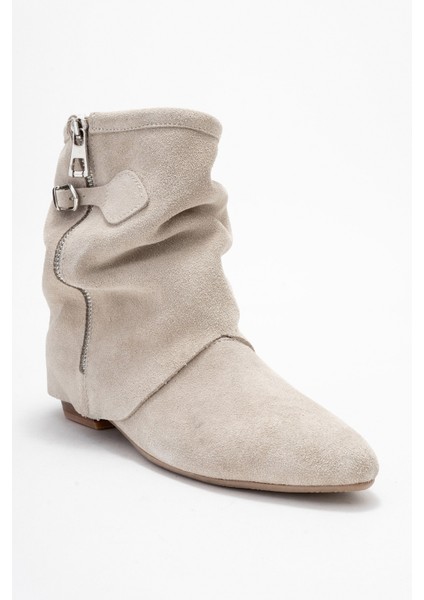 Noar Bej Süet Hakiki Deri Büzgülü Fermuarlı Kadın Bot modelleri