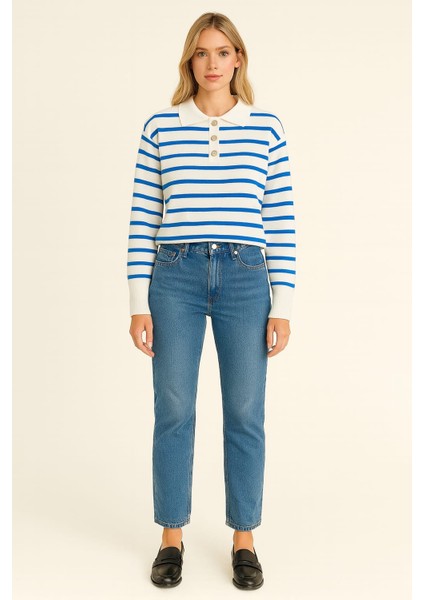 Polo Yaka Düğmeli Çizgili Kadın Kazak