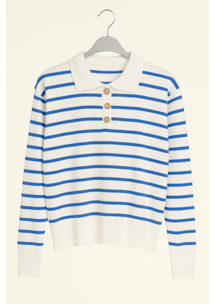 Polo Yaka Düğmeli Çizgili Kadın Kazak fiyatları