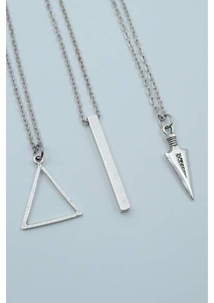 3'lü Üçgen Düz Çubuk Bar Triagle Ok Ucu Gümüş Kaplama Kolye Seti