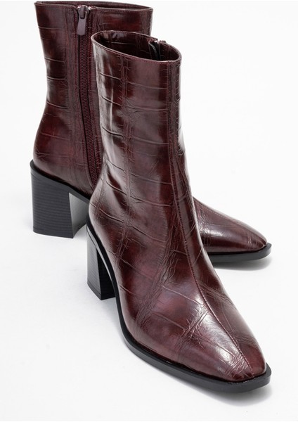 Chara Bordo Baskı Kadın Kalın Topuklu Bot