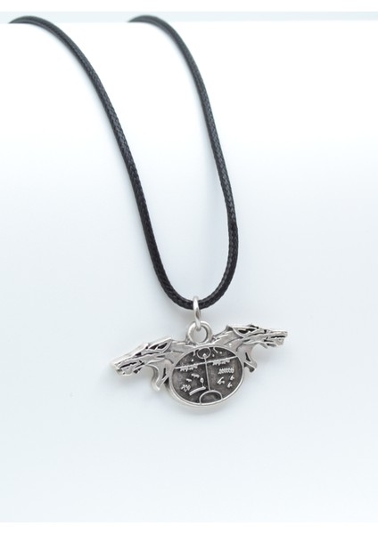 Kam - Şaman Davulu Kurt Gümüş Kaplama Deri İp Kolye