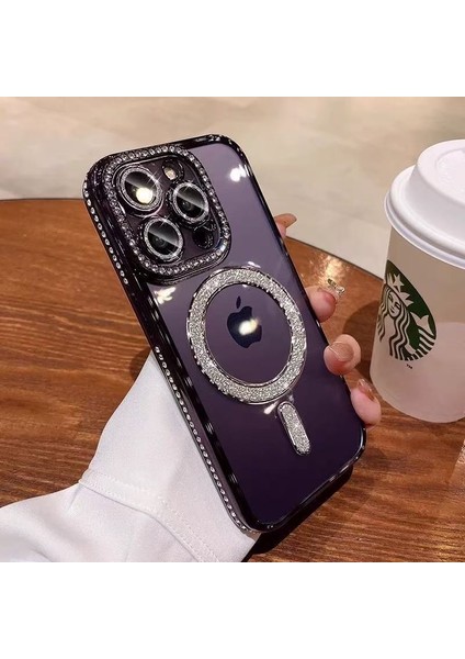Apple iPhone 16 Pro Max Uyumlu Taşlı Magsafe Şarj Özellikli Kamera Korumalı Simli Kılıf fiyatları
