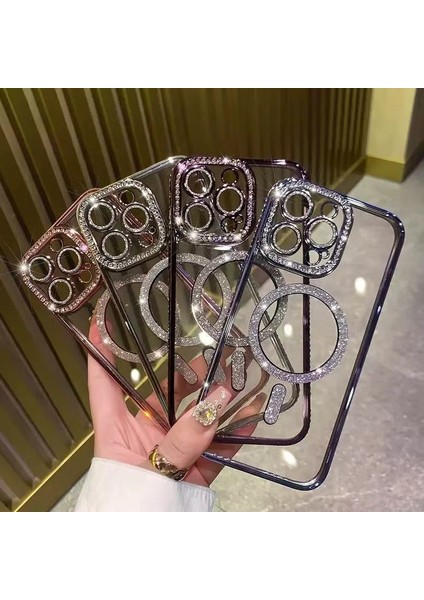 Apple iPhone 16 Pro Max Uyumlu Taşlı Magsafe Şarj Özellikli Kamera Korumalı Simli Kılıf modelleri