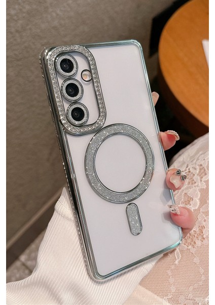 Samsung Galaxy S25 Edge Uyumlu Taşlı Magsafe Şarj Özellikli Kamera Korumalı Simli Kılıf