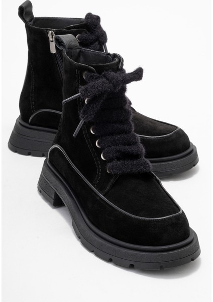 Mına Siyah Süet Hakiki Deri Kadın Postal Bot