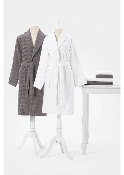 Çizgili Kadife Bornoz Seti 6 Parça Beyaz-Koyu Gri