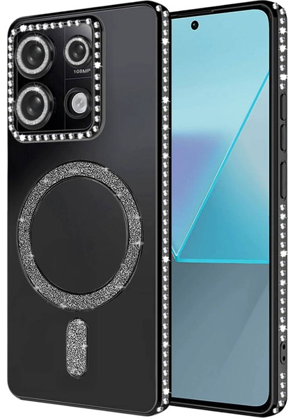 Redmi Note 13 Pro 4g Uyumlu Taşlı Magsafe Şarj Özellikli Kamera Korumalı Simli Kılıf