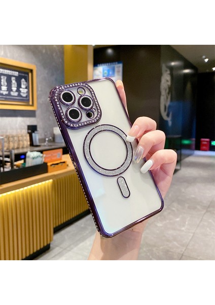 Apple iPhone 15 Pro Max Uyumlu Taşlı Magsafe Şarj Özellikli Kamera Korumalı Simli Kılıf