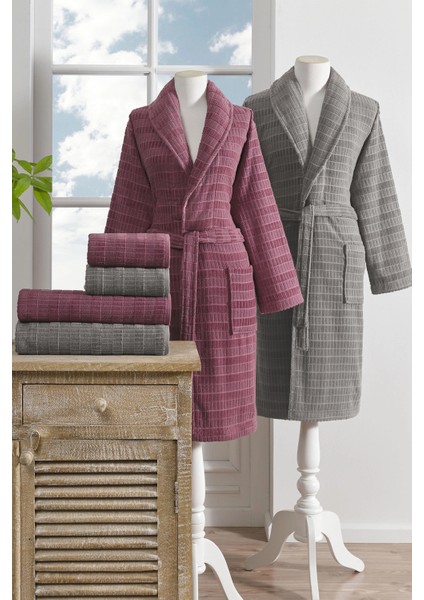 Çizgili Kadife Bornoz Seti 6 Parça Koyu Pembe-Koyu Gri