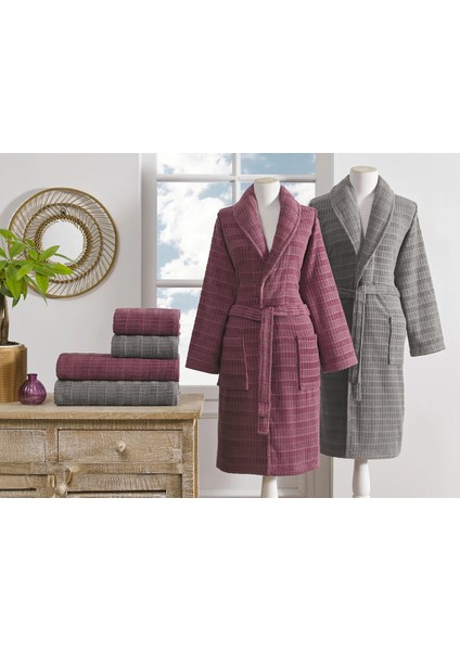 Çizgili Kadife Bornoz Seti 6 Parça Koyu Pembe-Koyu Gri fırsatları
