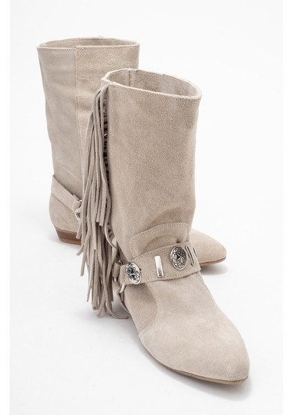 Selora Bej Süet Püsküllü Hakiki Deri Tokalı Kadın Western Bot