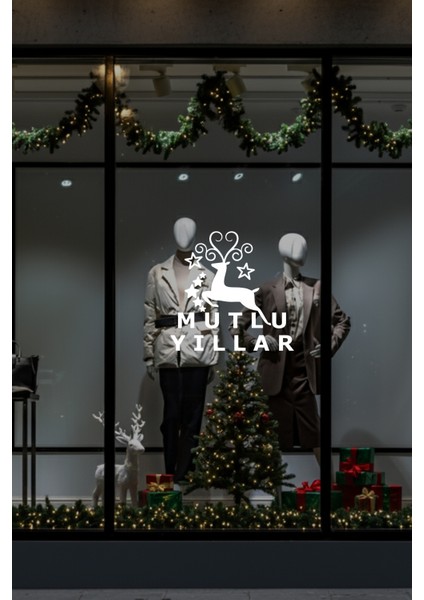 Yeni Yıla Özel Mutlu Yıllar Yazısı Geyik Süslemesi Yılbaşı Cam Vitrin Kapı Stickerı modelleri