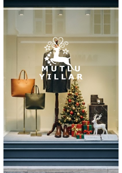 Yeni Yıla Özel Mutlu Yıllar Yazısı Geyik Süslemesi Yılbaşı Cam Vitrin Kapı Stickerı indirimleri