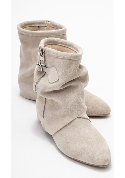 Noar Bej Süet Hakiki Deri Büzgülü Fermuarlı Kadın Bot