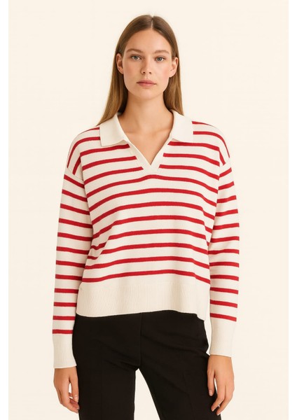 Pembe Çizgili Polo Yaka Kadın Kazak