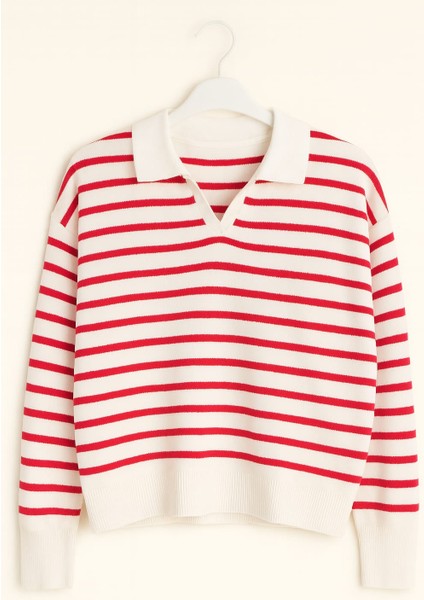 Pembe Çizgili Polo Yaka Kadın Kazak fiyatları