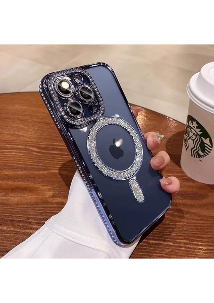 Apple iPhone 16 Pro Max Uyumlu Taşlı Magsafe Şarj Özellikli Kamera Korumalı Simli Kılıf fiyatları