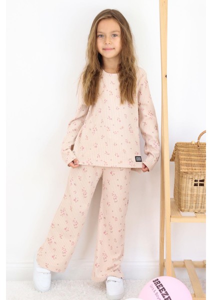 Kız Çocuk Çiçek Desenli Takm Pantolonu Fiyonk Aksesuarlı 4-8 Yaş, Pudra
