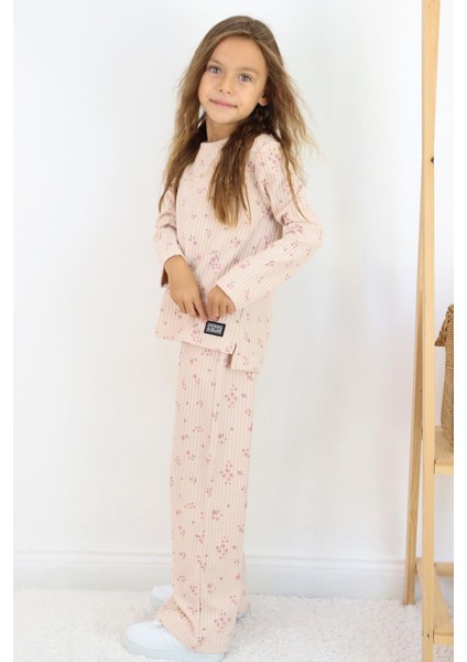 Kız Çocuk Çiçek Desenli Takm Pantolonu Fiyonk Aksesuarlı 4-8 Yaş, Pudra fiyatları
