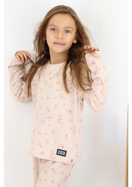 Kız Çocuk Çiçek Desenli Takm Pantolonu Fiyonk Aksesuarlı 4-8 Yaş, Pudra fırsatları