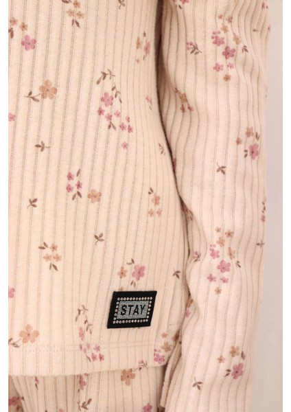 Kız Çocuk Çiçek Desenli Takm Pantolonu Fiyonk Aksesuarlı 4-8 Yaş, Pudra indirimleri