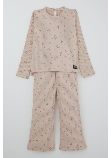 Kız Çocuk Çiçek Desenli Takm Pantolonu Fiyonk Aksesuarlı 4-8 Yaş, Pudra