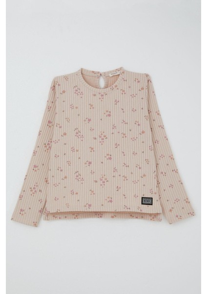 Kız Çocuk Çiçek Desenli Takm Pantolonu Fiyonk Aksesuarlı 4-8 Yaş, Pudra