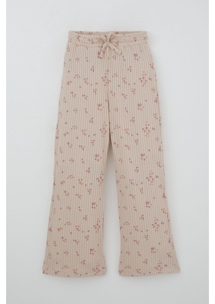 Kız Çocuk Çiçek Desenli Takm Pantolonu Fiyonk Aksesuarlı 4-8 Yaş, Pudra