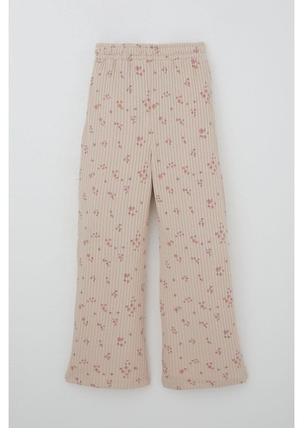 Kız Çocuk Çiçek Desenli Takm Pantolonu Fiyonk Aksesuarlı 4-8 Yaş, Pudra