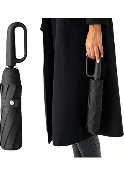 10 Fiber Telli Tam Otomatik Şemsiye Güçlendirilmiş Telli Kanca Saplı Şemsiye - Siyah