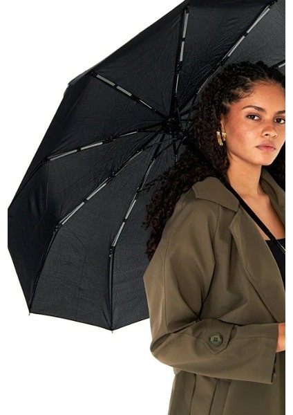 10 Fiber Telli Tam Otomatik Şemsiye Güçlendirilmiş Telli Kanca Saplı Şemsiye - Siyah fırsatları