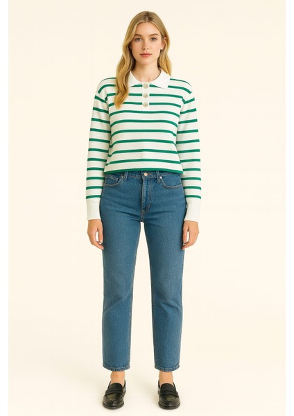 Polo Yaka Düğmeli Çizgili Kadın Kazak