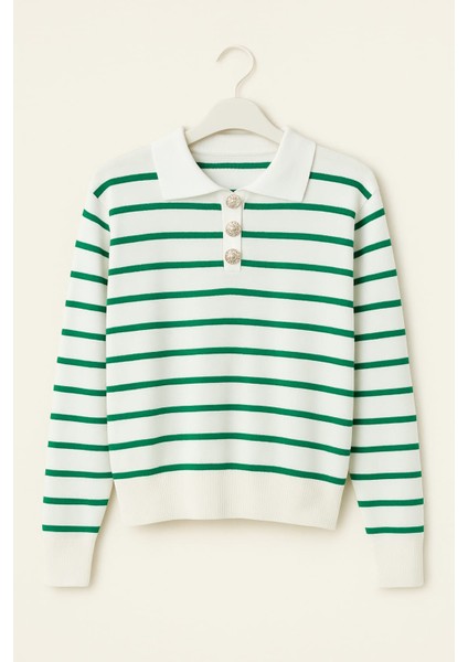 Polo Yaka Düğmeli Çizgili Kadın Kazak fiyatları