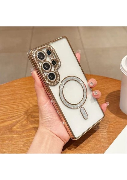 Samsung Galaxy S25 Ultra Uyumlu Taşlı Magsafe Şarj Özellikli Kamera Korumalı Simli Kılıf